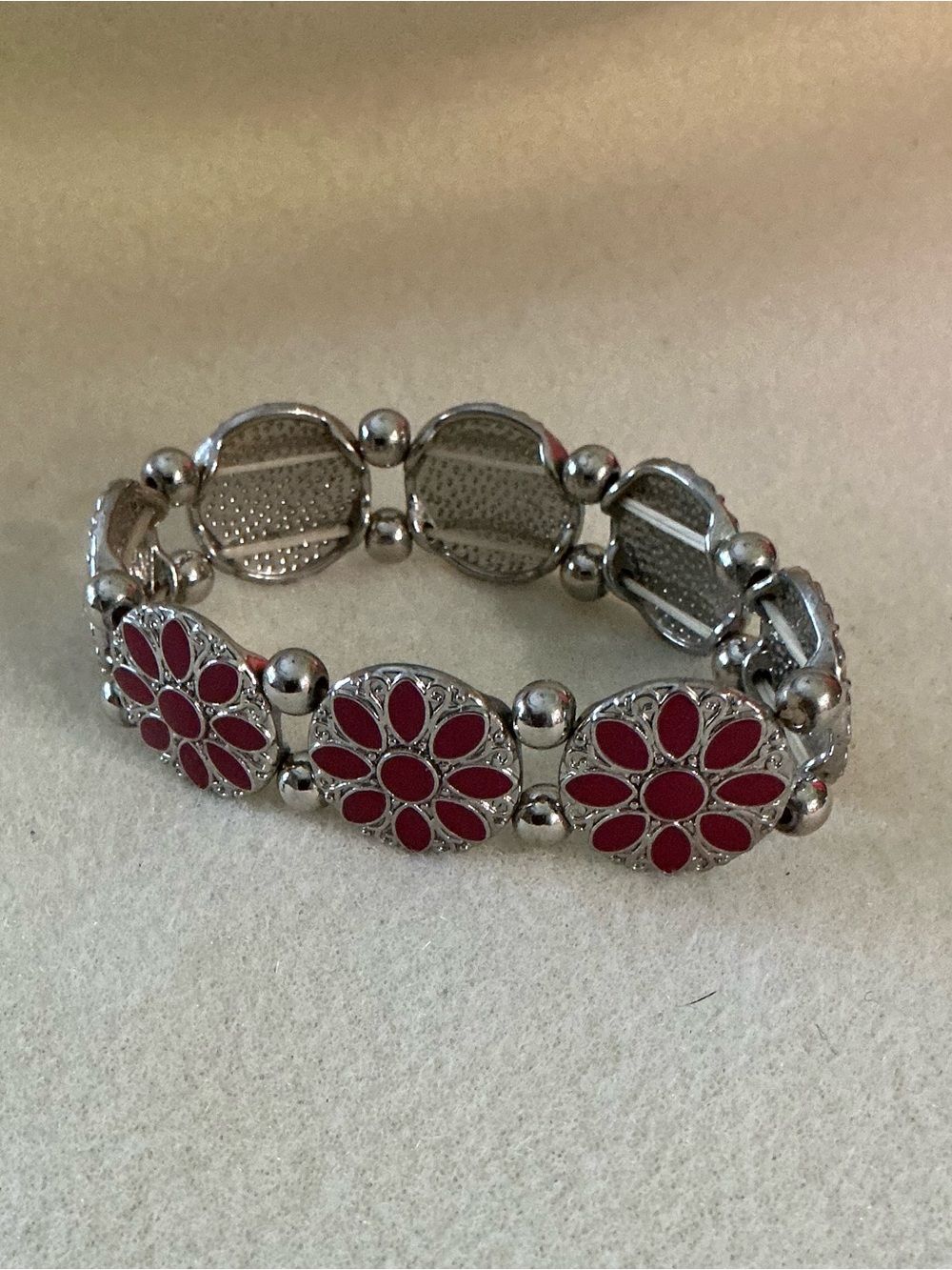 Red Floral Silver-Tone Stretch Bracelet - Women Jewelry